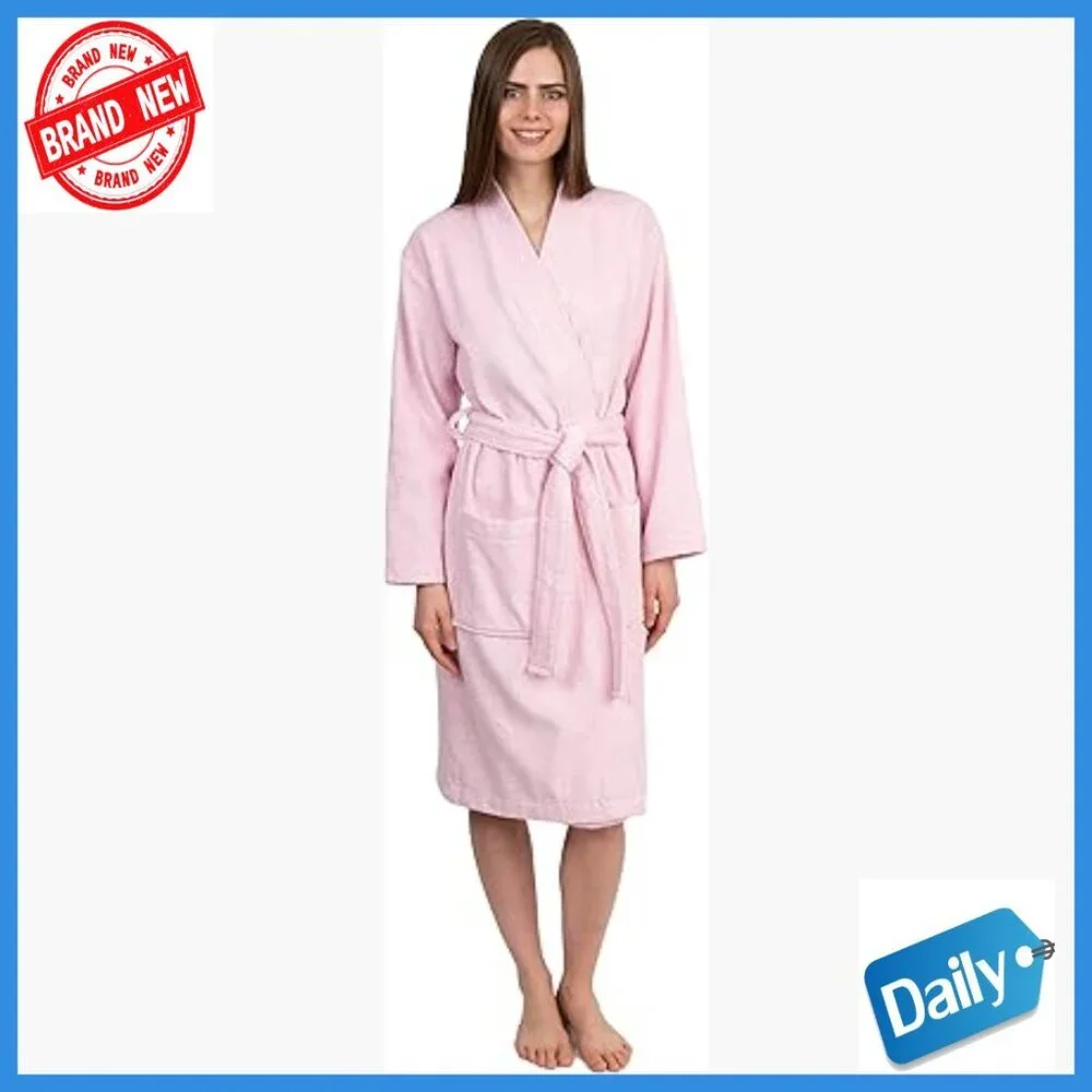 Cotton Terry Kimono Robe Knee Length with Pockets Women's Bathrobe